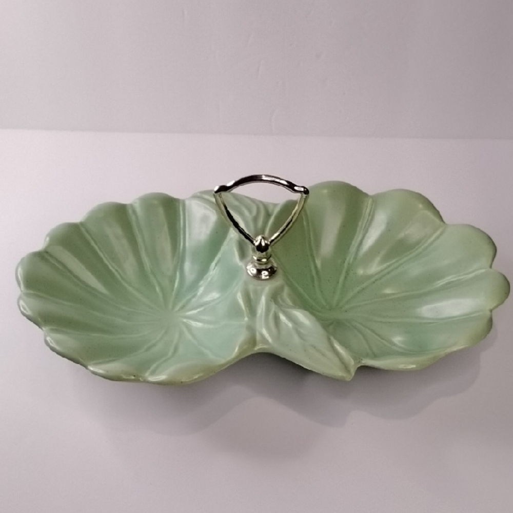 P-019 California Pottery Green Double-Leaf Ceramic Serving Tray w/Silver Handle